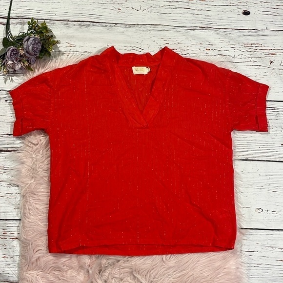 Nation LTD Chili Metallic Stripe Cotton Popover Blouse - Picture 1 of 9